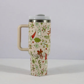 New Christmas Pattern Mug With Handle Lid Straw Drinkware Stainless Steel Vacuum Tumbler Large Capacity Car Travel Coffee Cup